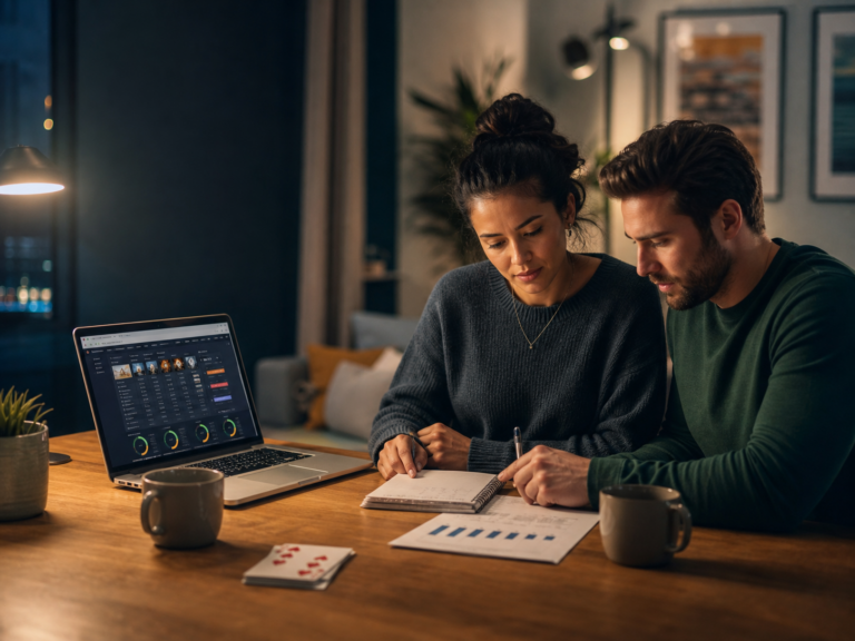 Cinematic editorial scene of adults comparing online casino reviews, licensing notes, and budget information responsibly.