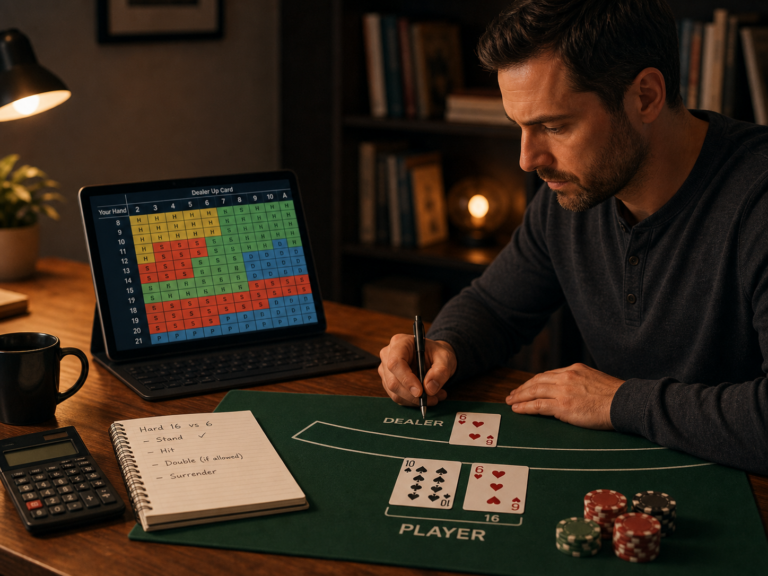 Cinematic editorial image of an adult studying blackjack basic strategy with cards, notes, and a generic strategy grid.