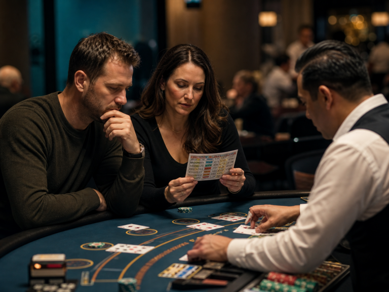 Cinematic editorial scene of adults studying blackjack strategy with a dealer at a quiet casino table.
