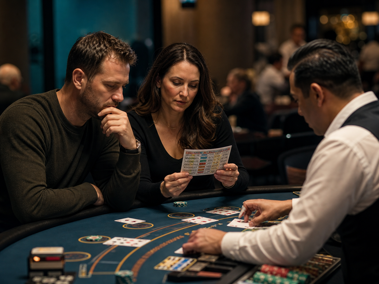 Cinematic editorial scene of adults studying blackjack strategy with a dealer at a quiet casino table.