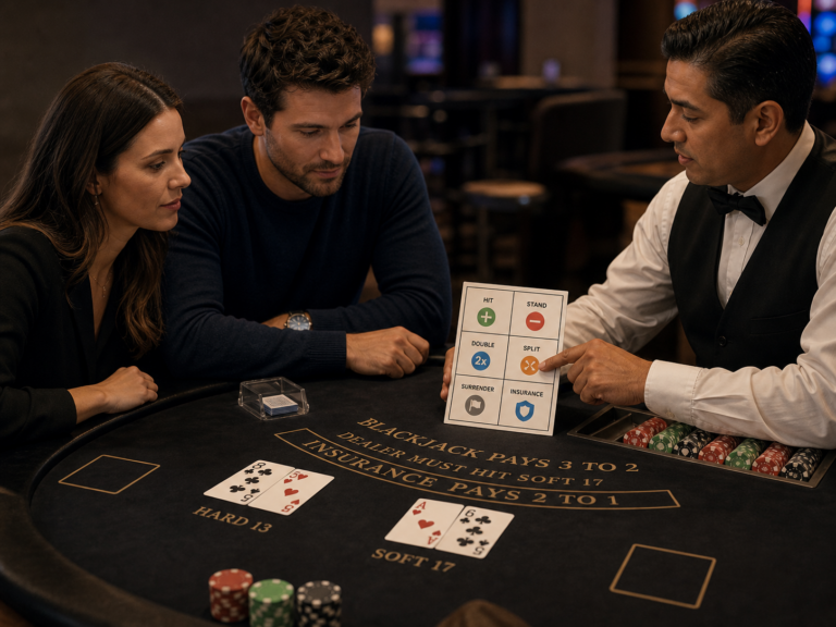 Cinematic editorial image of adults learning blackjack rules with a professional dealer at a quiet casino table.