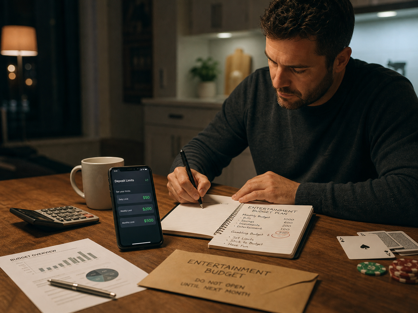 Cinematic editorial image of an adult setting a responsible gambling entertainment budget with deposit limit controls.
