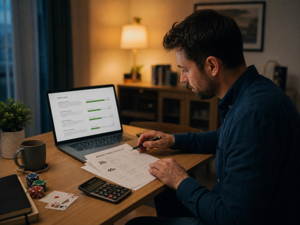 Cinematic editorial scene of an adult reviewing casino bonus terms, wagering requirements, and calculator notes.