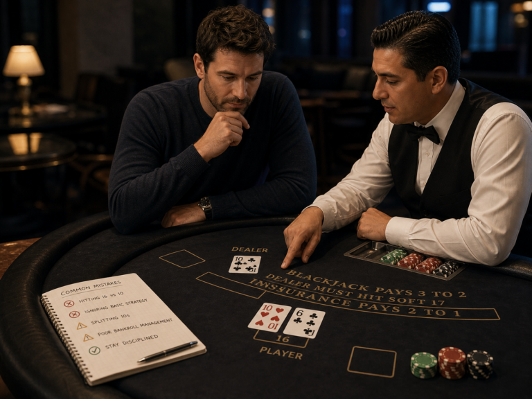 Cinematic editorial image of adults reviewing blackjack mistakes after a practice hand.