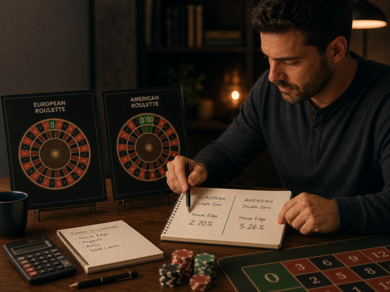 Cinematic editorial image of an adult comparing single-zero and double-zero roulette odds.