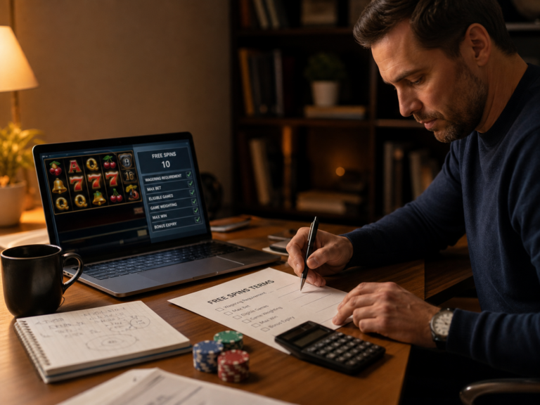 Cinematic editorial image of an adult reviewing free spins terms with a calculator and checklist.