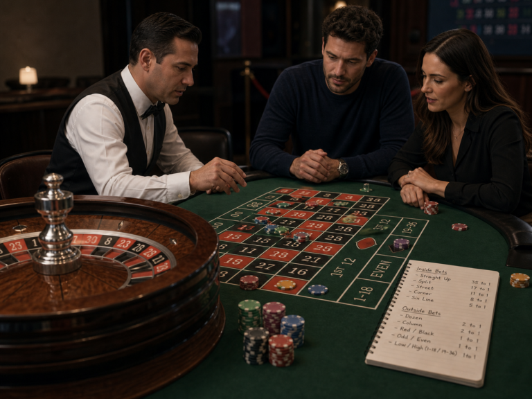Cinematic editorial image of adults learning roulette rules, wheel layout, and bet types at a quiet table.
