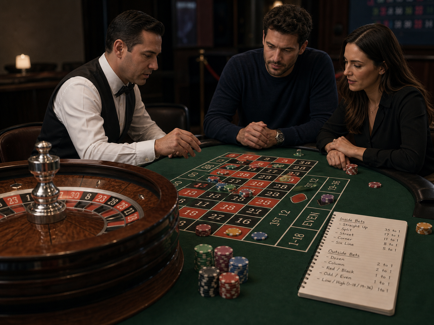 Cinematic editorial image of adults learning roulette rules, wheel layout, and bet types at a quiet table.