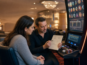 Cinematic editorial scene of adults learning slot RTP and volatility near a modern slot machine.