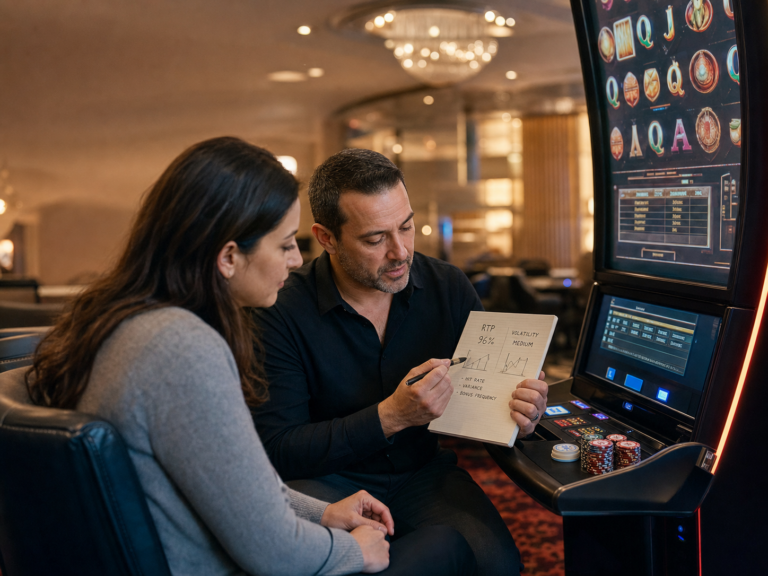 Cinematic editorial scene of adults learning slot RTP and volatility near a modern slot machine.