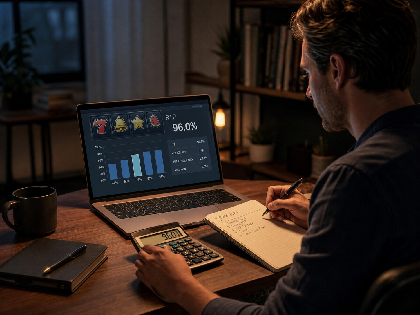 Cinematic editorial image of an adult reviewing slot RTP data, calculator notes, and a generic analytics screen.