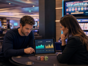 Cinematic editorial image of adults comparing low and high slot volatility using a generic chart near a slot machine.
