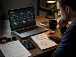Cinematic editorial image of an adult calculating casino wagering requirements with 20x 35x and 40x examples.